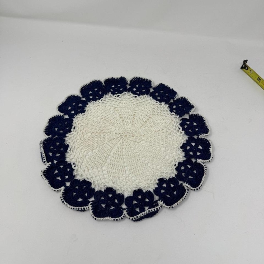 Handmade Crochet Doily Navy Blue‎ White Floral Lace Table Centerpiece 10.5 Inch